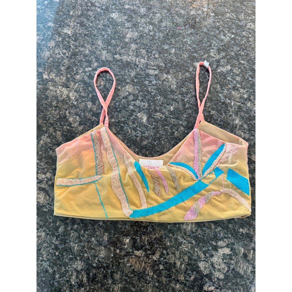 Oceanus Tamar Ombre Beaded Bikini Top Pink Yellow Mesh Sequin Luxury Swim L - Picture 2 of 8